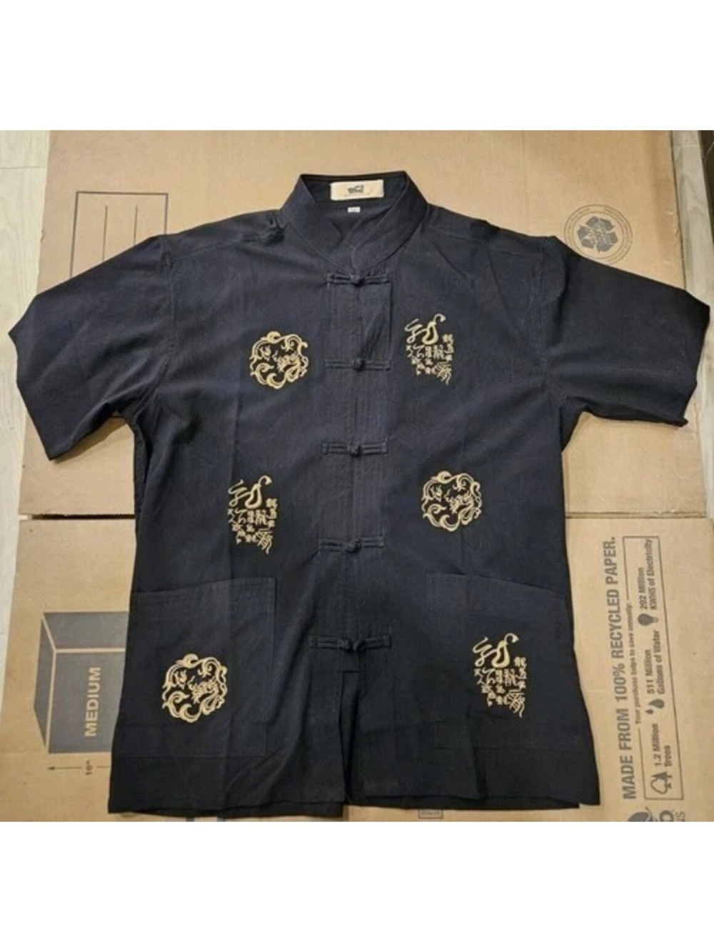 Men's Black Mandarin Collar Kung Fu Jacket with Gold Embroidery